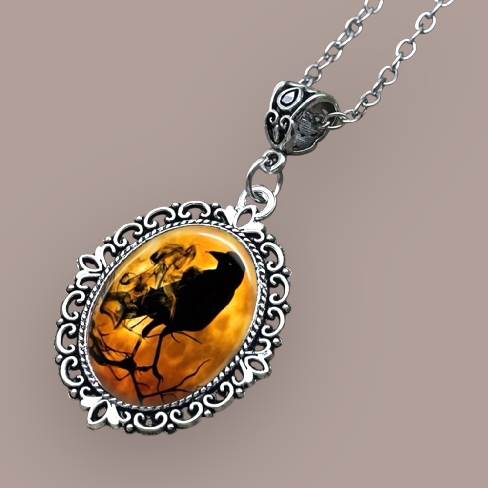 Raven Crow Gothic Orange Moon Pendant Necklace
